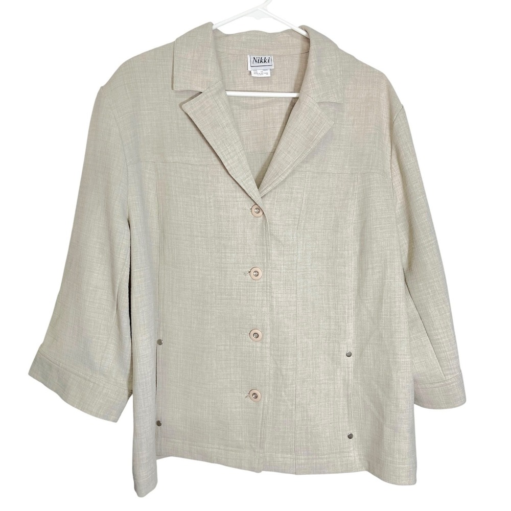 Nikki 18 Beige Button Front Jacket 3/4 Sleeve Stud Detail Coastal Grandma Chic